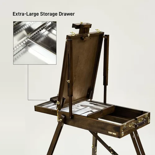 Miniatura 4 de ATWORTH Caballete francés para pintar, campo de madera de haya de lujo y caja de bocetos de estudio con bandeja lateral de metal, portátil y fácil
