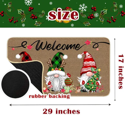 Miniatura 3 de TREWAVE Felpudo Decorativo de Bienvenida Navideño, Tapete de Puerta de Gnomo Navideño a Cuadros Buffalo, Alfombra de Entrada Antideslizante, 29 x 17