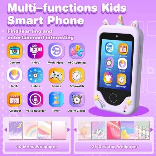 Miniatura 2 de Teléfonos de juguete para niños para niñas de 3, 4, 5, 6, 7, 8 años, teléfono táctil para niños pequeños con cámara, reproductor de música MP3