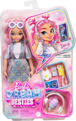 Miniatura 6 de Muñeca Barbie Dream Besties y Accesorios, Muñeca de Moda Posable Daisy Jean con Ropa Removible y Cabello Rosa Ondulado, 9 Piezas Temáticas de DJ