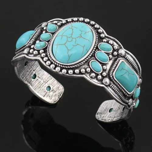 Miniatura 4 de Pulsera de turquesa comprimida con base chapada en rgentium antiguo para mujer, joyería de moda