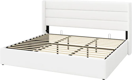 Miniatura 9 de SHA CERLIN Cama de Almacenamiento Elevable Tamaño King/Tapizada en Terciopelo/Cabecera Moderna con Respaldo de Ala/Marco de Cama Plataforma Blanco