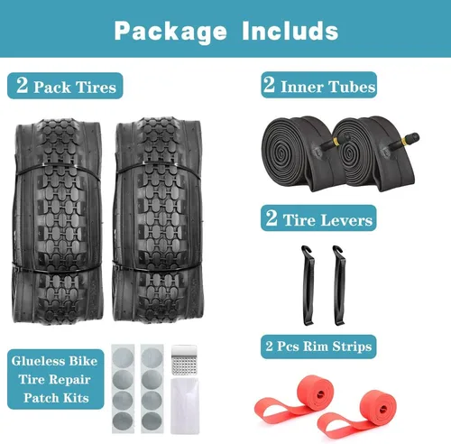 Miniatura 2 de Paquete de 2 neumáticos de bicicleta Cruiser de 24 x 2.125 pulgadas, neumáticos de pared negra con 2 tubos interiores, 2 palancas, 2 tiras