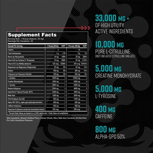 Miniatura 6 de Gorilla Mind Pre entrenamiento - Bombas masivas de energía de enfoque láser - L-citrulina, creatina, L-tirosina, betaína, hidroprime, alfa-GPC, 400
