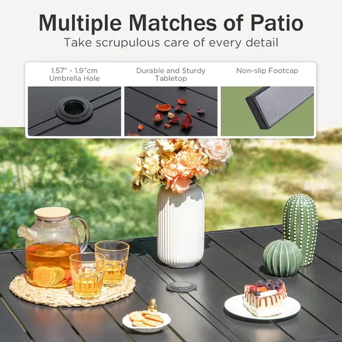 Miniatura 8 de PHI VILLA Mesa rectangular de comedor con listones de acero metálico para 6 personas con agujero ajustable para paraguas, resistente a la intemperie