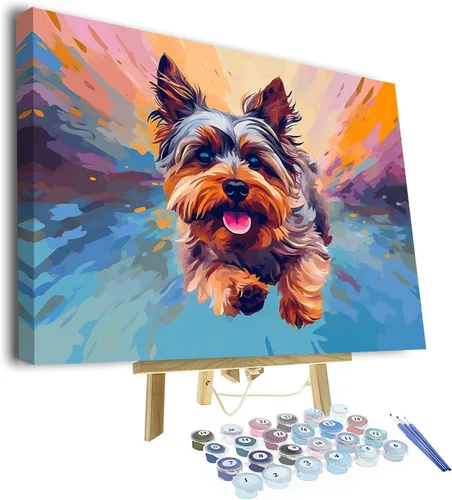 TUMOVO Pintura de animales por números enmarcados con pinceles Yorkshire Terrier Dog Paint por números para adultos, kits de pintura por números,