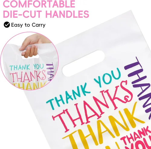 Miniatura 4 de Bolsas de plástico con texto en inglés "Thank You", 9 x 12 pulgadas, coloridas bolsas de regalo pequeñas con mango troquelado, paquete de 100 bolsas