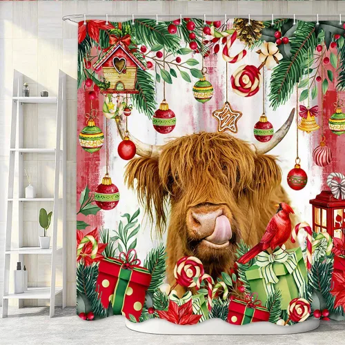 Miniatura 11 de NYMB Cortina de ducha de Navidad, bola de Navidad con ramas de pino con citas inspiradoras Trust in The Lord, cortina de baño de madera rústica