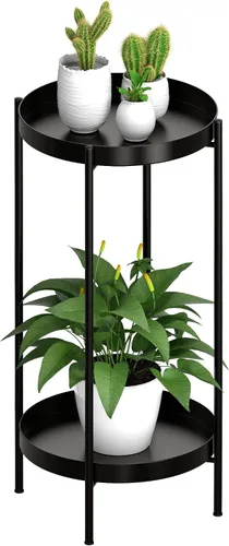 OVICAR Soporte para plantas para interiores y exteriores, organizador de macetas de metal, 2 niveles de alto, estante de almacenamiento para el Negro