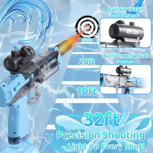 Miniatura 2 de Lanzador de agua eléctrico con boquilla de llama LED, tanque de gran capacidad de 16.9 fl oz, rango de disparo de 32 pies, juguete de batalla al Azul