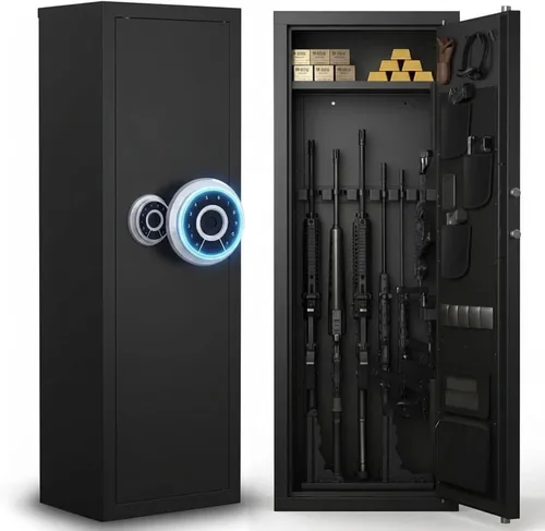 Biometric Gun Safe for Rifles and Pistols, 12-15 Large Gun Cabinet with Fingerprint & Digital Keypad, Adjustable Racks and Door Organizer, Easy