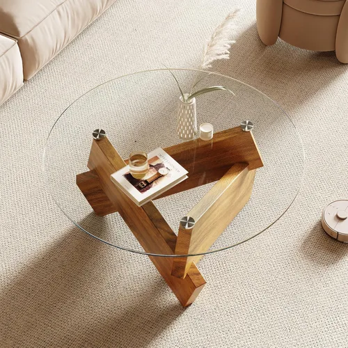 Miniatura 4 de Honyee Mesa de café redonda moderna, 78 cm x 78 cm x 41 cm con tapa de cristal templado para sala de estar, Color: Madera natural