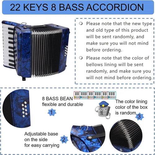 Miniatura 2 de Acordeones Para Adultos, Acordeón De Adulto Azul 22 Teclas 8 Bass Acordeón Instrumento Con Correas Ajustables Y Sonido Dulce Acordeón Portátil Para
