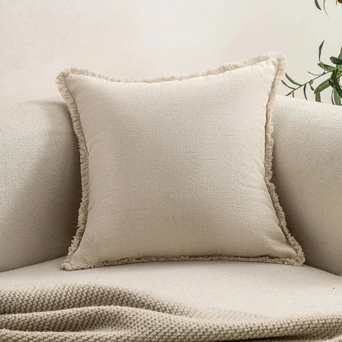 Hckot Funda de almohada de lino de Navidad de 18 x 18 pulgadas, color beige natural, funda de almohada rústica con borlas y flecos, decoración