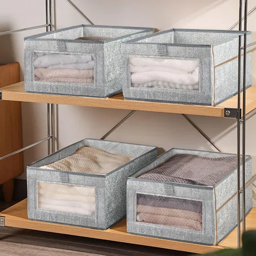 Miniatura 7 de 6 contenedores de almacenamiento de lino con ventana transparente, cesta para estantes, organizador de ropa, contenedores de almacenamiento