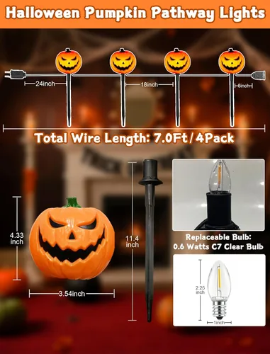 Miniatura 3 de Luces de Halloween para caminos al aire libre, 7 pies, luces de estaca de calabaza de Halloween con 4 bombillas LED C7 transparentes