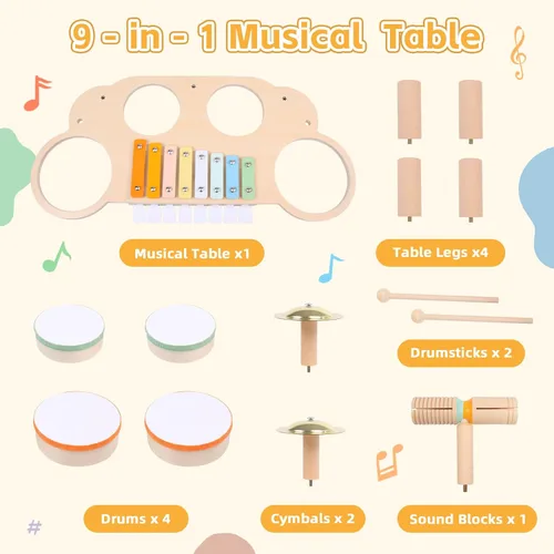 Miniatura 7 de Juego de batería para niños pequeños, instrumentos musicales de madera para bebés de 1 a 3 años, juego de mesa de actividades musicales con piano