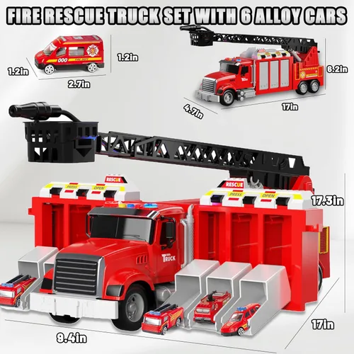 Miniatura 2 de Juego de camiones de bomberos de accionamiento inercial de 27 + pulgadas, escalera elevable/aspersor de agua giratorio de 180°, 6 juguetes