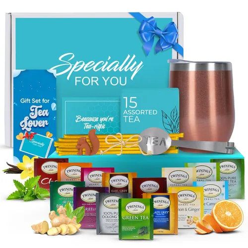 Juego de regalo de vaso de té Modern Elegance – Incluye soporte para bolsa de té, cuchara, pajita de miel, 15 mezclas de sabores surtidos y vaso Oro