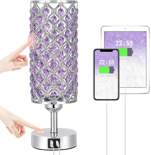 Miniatura 12 de Lámpara de mesa de cristal Hong-in - Control táctil regulable en 3 vías, lámpara de cabecera de oro rosa con puertos USB C y A, luz de mesita