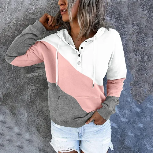 Miniatura 3 de Sudaderas con capucha de moda con bloques de color para mujer sueltas casuales con botones manga larga con cordón con bolsillo