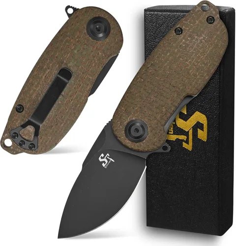 Sitivien Cuchillo plegable de bolsillo ST150, Sandvik 14C28N, hoja negra lavada a la piedra con asas de micarta, cuchillos de herramienta EDC para