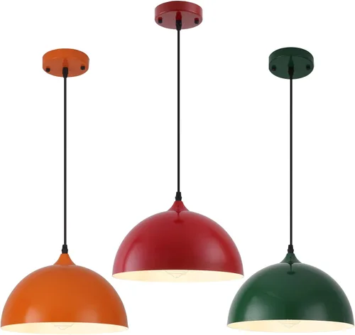 Miniatura 8 de Lámparas colgantes industriales, lámpara colgante de cúpula roja de 11.8 pulgadas sobre isla de cocina, paquete de 3, lámpara colgante de techo Rojo
