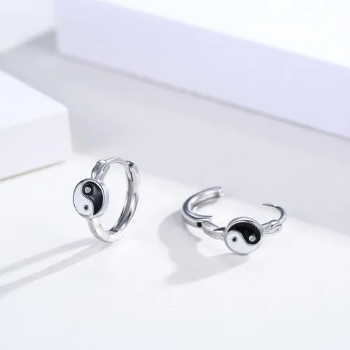Miniatura 5 de Yin Yang - Aretes de plata de ley 925, aretes de aro de Yin Yang Huggie de Yin Yang, joyería de regalo para hombres y mujeres, Plata de ley, plata