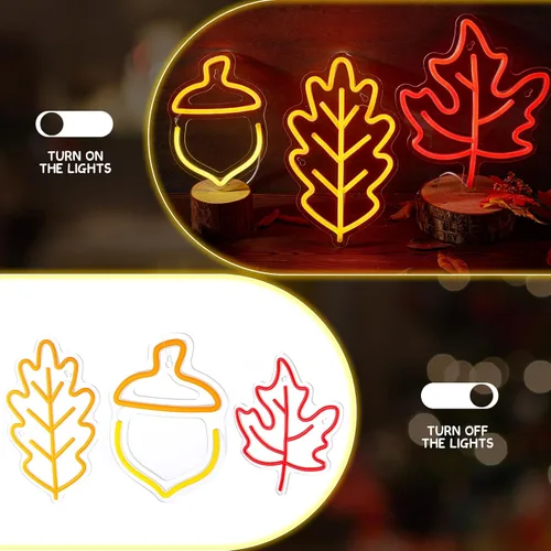 Miniatura 5 de ROCEEI 3 piezas de letrero de neón de Acción de Gracias 2026, luces de ventana de otoño, decoración de otoño, hojas de arce, bellota, luces LED