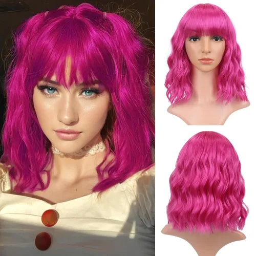 Miniatura 28 de VCKOVCKO Peluca natural ondulada rosa pastel, pelucas coloridas con flequillo de aire, pelucas cortas estilo Bob para mujer, pelucas largas hasta