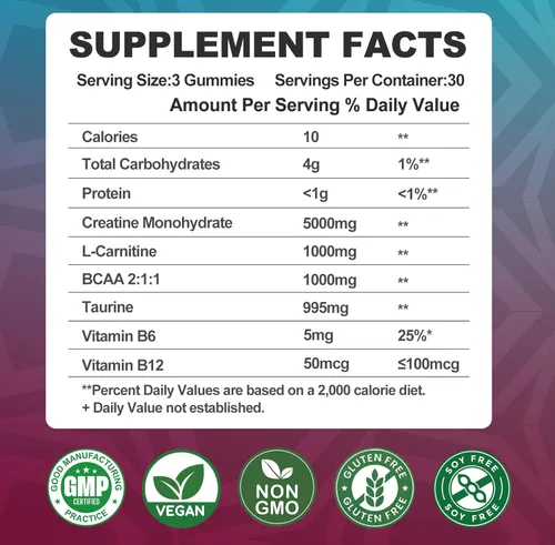 Miniatura 5 de Gomitas de monohidrato de creatina de 8000 mg con BCAA, L-carnitina, taurina y vitamina B12, suplemento preentrenamiento para crecimiento muscular