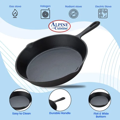 Miniatura 6 de Alpine Cuisine Sartén de hierro fundido pre-sazonado de 10 pulgadas, sartén de hierro fundido negro, sartenes de cocina duraderas y resistentes