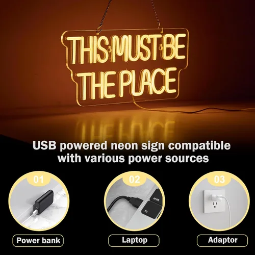 Miniatura 5 de Letrero de neón con texto en inglés «This Must Be The Place» para decoración de pared, luz LED de neón regulable, alimentada por USB (blanco cálido)