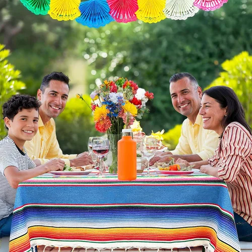 Miniatura 6 de OurWarm Mantel mexicano de 59 x 84 pulgadas para decoración de bodas y fiestas mexicanas, mantel cuadrado grande de algodón con flecos, manta Azul