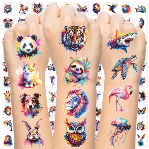 102 piezas de tatuajes temporales de animales de acuarela envueltos individualmente, animales temporales para niñas, niños, cuerpo, brazo, hombro,