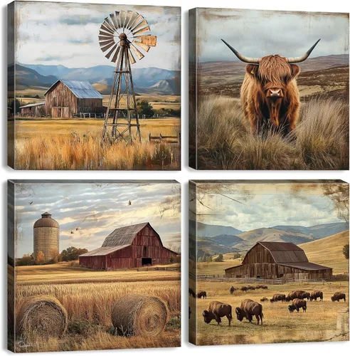 Miniatura 22 de Arte de pared rústico de granja, pintura de paisaje rural, molino de viento de granero, camión, impresiones en lienzo de animales de granja, vaca