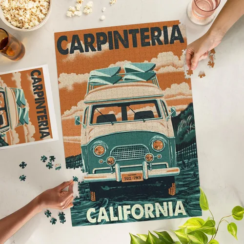 Miniatura 3 de Lantern Press Carpinteria, California, Letterpress, Camper Van 1000 Piece Jigsaw Puzzle for Adults, Made in USA with Reference Poster