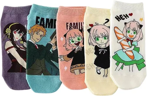 Spy Family Socks Anya Loid Yor Forger - Calcetines de corte bajo de anime con dibujos animados, 5 pares, Varios colores