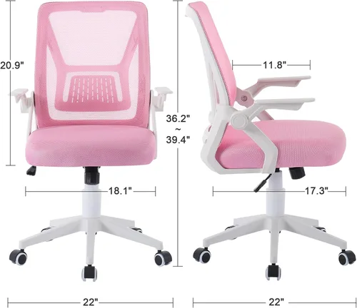 Miniatura 3 de VECELO Silla de oficina ergonómica giratoria de respaldo medio con brazos ajustables, soporte lumbar de malla para trabajo de computadora, rosa