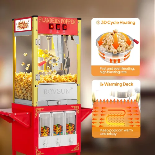 Miniatura 4 de Máquina de palomitas de maíz ROVSUN estilo cine con carrito y ruedas, hervidor de 8 onzas, hace hasta 32 tazas de palomitas, con dispensadores