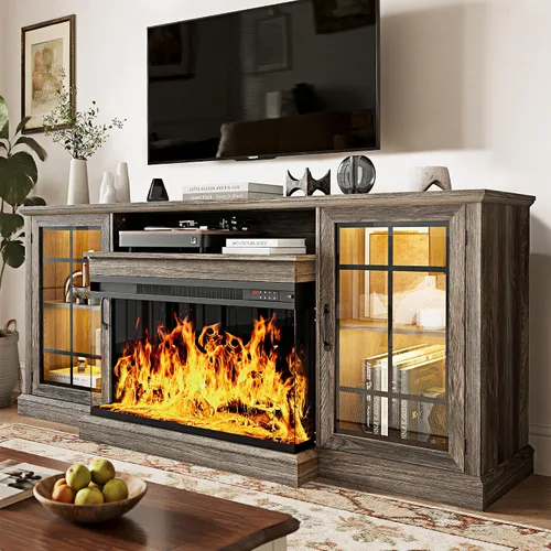 Miniatura 20 de MXV - Soporte de chimenea para TV de 59 pulgadas, centro de entretenimiento estilo granja con soporte de TV de 3 lados de vidrio, consola multimedia