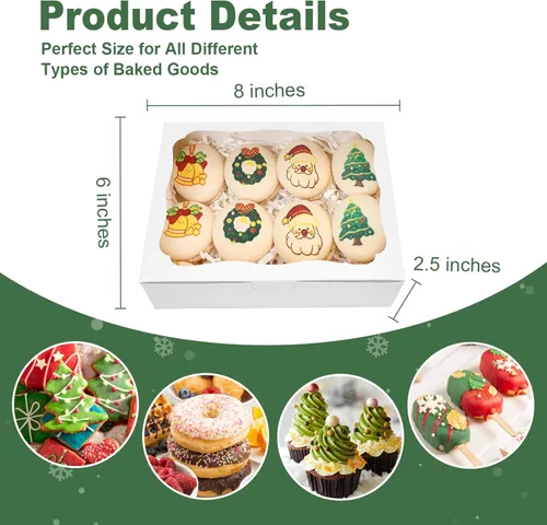 Miniatura 4 de 20 cajas blancas de panadería de 8 x 6 x 2.5 pulgadas, cajas de galletas con ventana, cajas de postre para galletas, pasteles, macarrones, donas