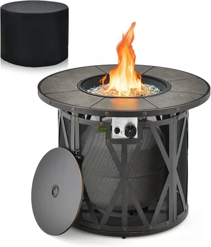 Tangkula Patiojoy - Mesa redonda para fogata de 32 pulgadas, mesa de fuego de gas propano de 30,000 BTU con gafas de fuego y cubierta de PVC, mesa