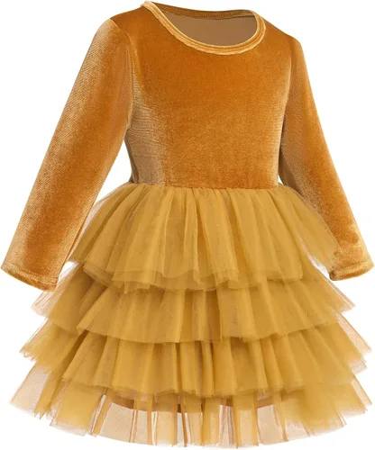 Miniatura 2 de Vestido de tutú de tul escalonado de terciopelo de manga larga para otoño e invierno para niñas y niñas