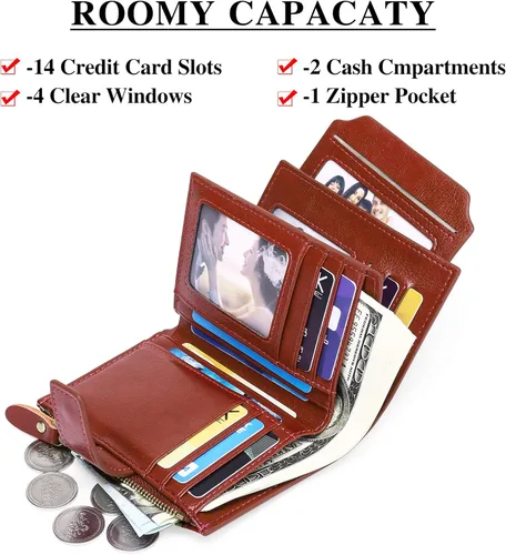 Miniatura 2 de FALAN MULE - Cartera de cuero auténtico para mujer pequeña plegable compacta con interferencia de radiofrecuencia RFID