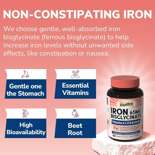Miniatura 6 de Vitalibre Suplemento de hierro para mujeres y hombres, bisglicinato de hierro, 65 mg de hierro elemental, sin estreñimiento, con vitaminas C, B6