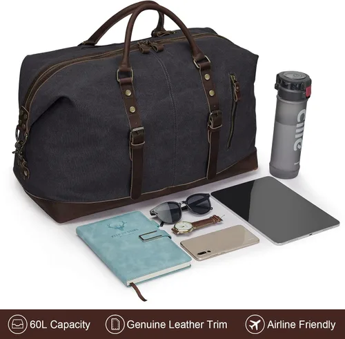 Miniatura 27 de S-ZONE - Bolsa de viaje de lona sobredimensionada con adornos de cuero genuino, bolsa deportiva de hombro de fin de semana, bolso de fin de semana