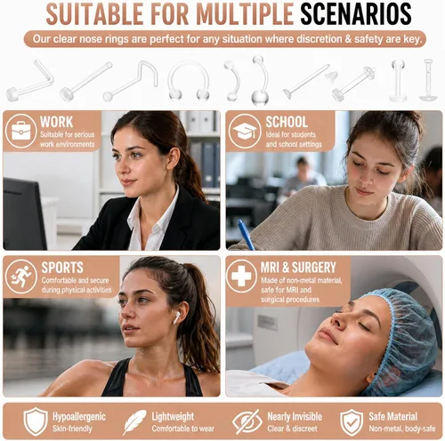 Miniatura 7 de Paquete de 76 Retenedores de Piercing Transparentes, Joyería Corporal Bioflex para Ceja, Labio, Septum, Nariz, Pezón, Ombligo, Lengua, Tragus Kit