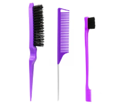 Peine morado de 3 piezas, juego de cepillos de espalda lisa, cepillo ventilado, peine de dientes anchos, cepillo de burlas para alisar el cabello