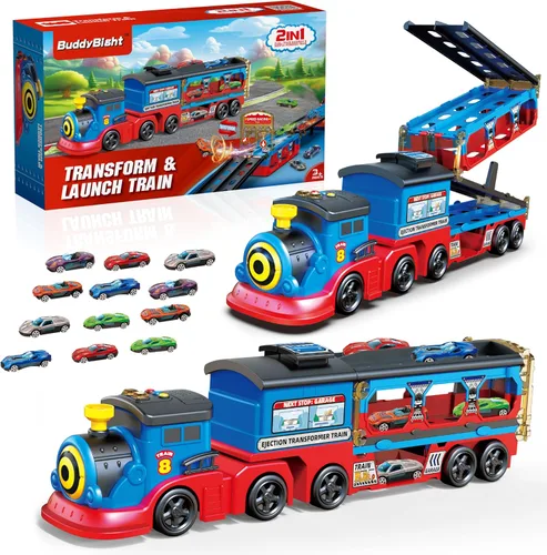 Miniatura 10 de Juego de tren de juguete 2 en 1 para niños pequeños, base de tren de catapulta con grúa torre móvil, 8 pequeños trenes magnéticos, efecto de luz